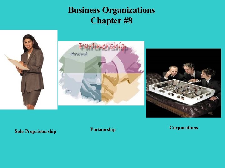 Business Organizations Chapter #8 Sole Proprietorship Partnership Corporations 