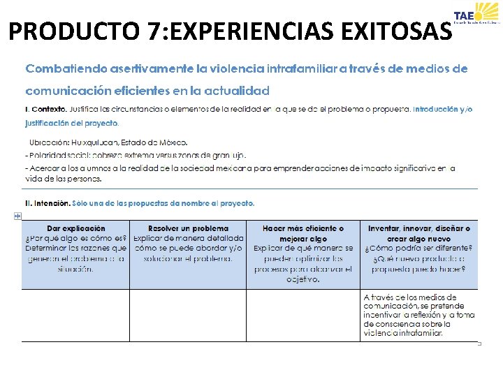 PRODUCTO 7: EXPERIENCIAS EXITOSAS 