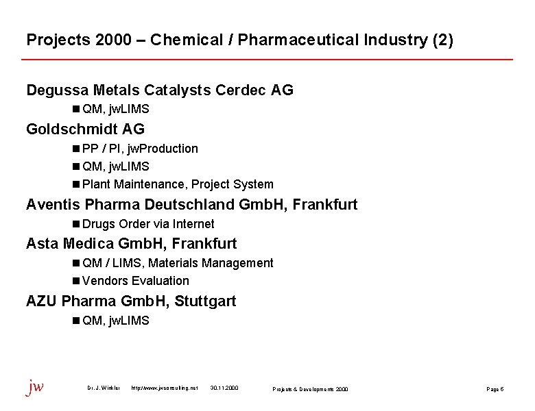 Projects 2000 – Chemical / Pharmaceutical Industry (2) Degussa Metals Catalysts Cerdec AG n