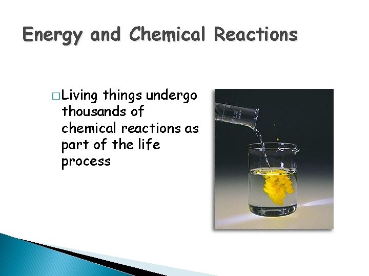 Energy and Chemical Reactions � Living things undergo thousands of chemical reactions as part