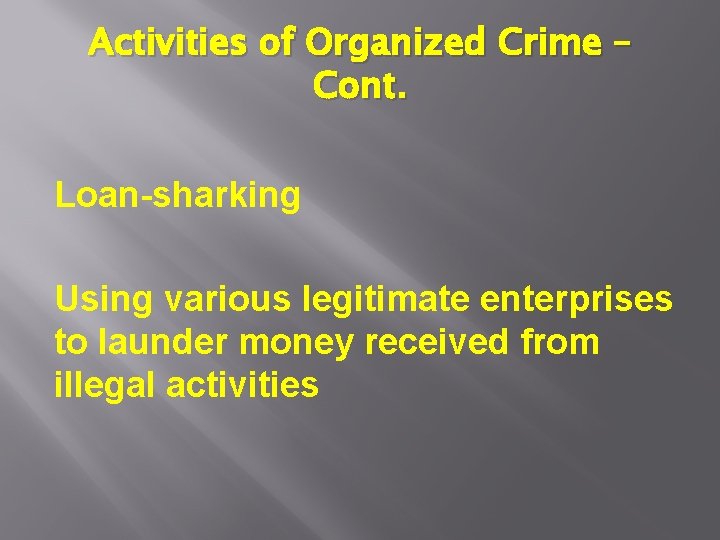 Activities of Organized Crime – Cont. Loan-sharking Using various legitimate enterprises to launder money