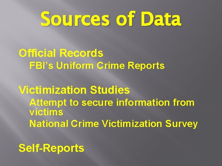 Sources of Data Official Records FBI’s Uniform Crime Reports Victimization Studies Attempt to secure Sources of Data Official Records FBI’s Uniform Crime Reports Victimization Studies Attempt to secure