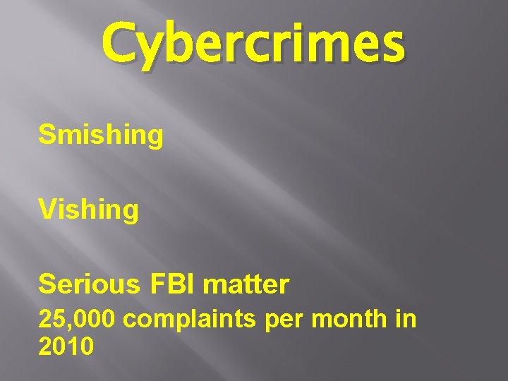 Cybercrimes Smishing Vishing Serious FBI matter 25, 000 complaints per month in 2010 Cybercrimes Smishing Vishing Serious FBI matter 25, 000 complaints per month in 2010