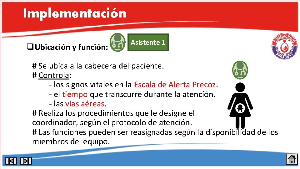 Implementación q. Ubicación y función: Asistente 1 # Se ubica a la cabecera del