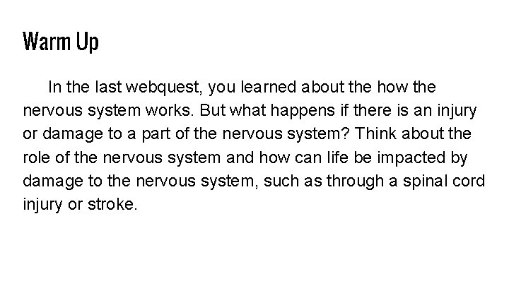 Warm Up In the last webquest, you learned about the how the nervous system