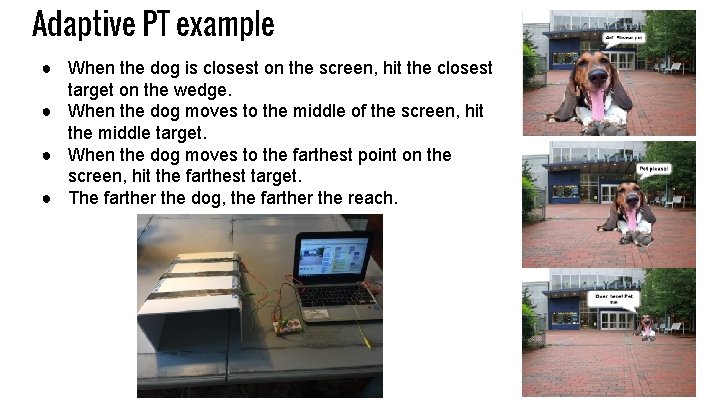 Adaptive PT example ● When the dog is closest on the screen, hit the