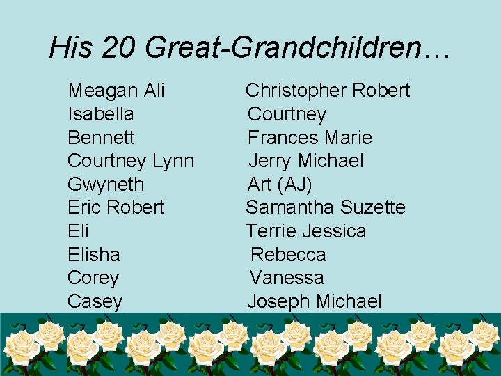 His 20 Great-Grandchildren… Meagan Ali Isabella Bennett Courtney Lynn Gwyneth Eric Robert Elisha Corey