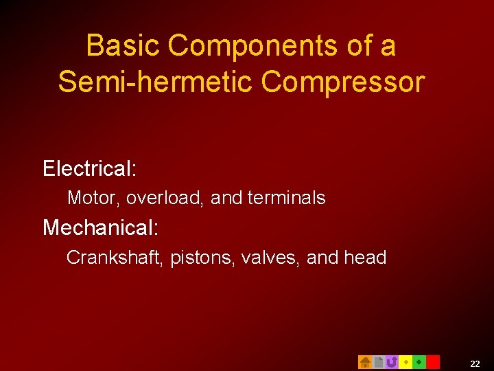 Basic Components of a Semi-hermetic Compressor Electrical: Motor, overload, and terminals Mechanical: Crankshaft, pistons, Basic Components of a Semi-hermetic Compressor Electrical: Motor, overload, and terminals Mechanical: Crankshaft, pistons,
