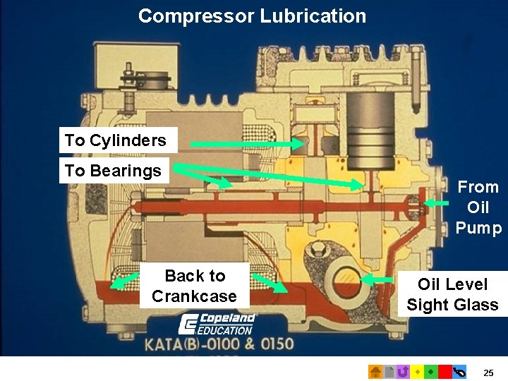 Compressor Lubrication To Cylinders To Bearings Back to Crankcase From Oil Pump Oil Level Compressor Lubrication To Cylinders To Bearings Back to Crankcase From Oil Pump Oil Level