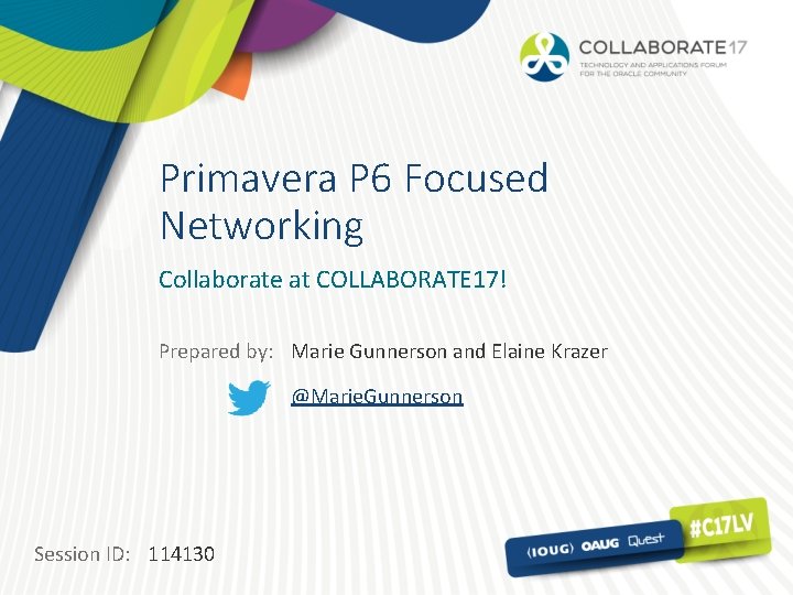 Primavera P 6 Focused Networking Collaborate at COLLABORATE 17! Prepared by: Marie Gunnerson and