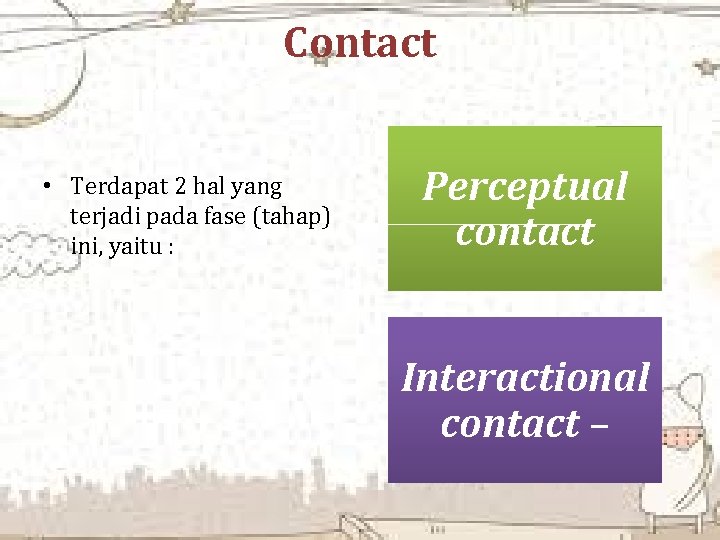 Contact • Terdapat 2 hal yang terjadi pada fase (tahap) ini, yaitu : Perceptual