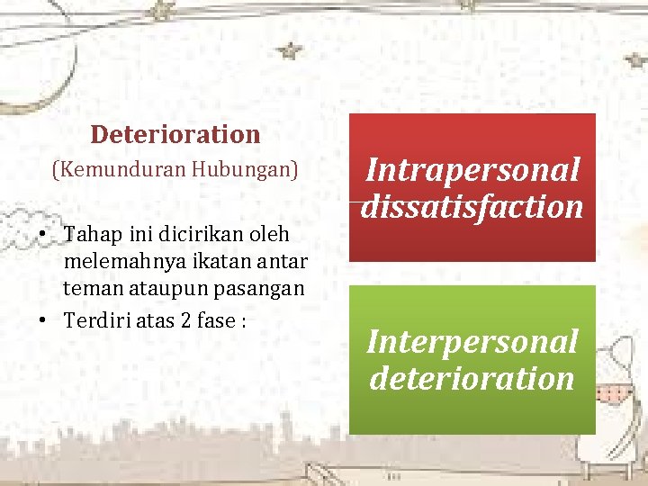 Deterioration (Kemunduran Hubungan) • Tahap ini dicirikan oleh melemahnya ikatan antar teman ataupun pasangan