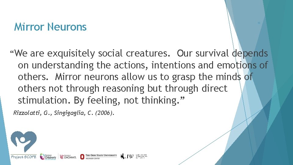 Mirror Neurons 13 “We are exquisitely social creatures. Our survival depends on understanding the