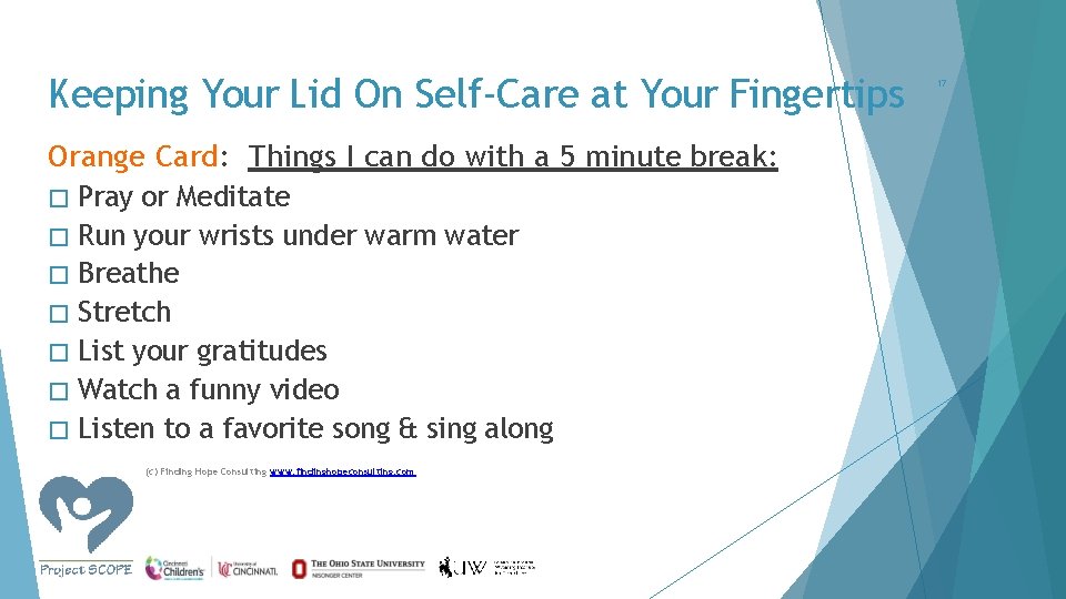 Keeping Your Lid On Self-Care at Your Fingertips Orange Card: Things I can do