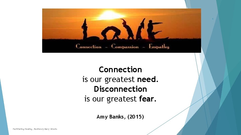6 Connection is our greatest need. Disconnection is our greatest fear. Amy Banks, (2015)