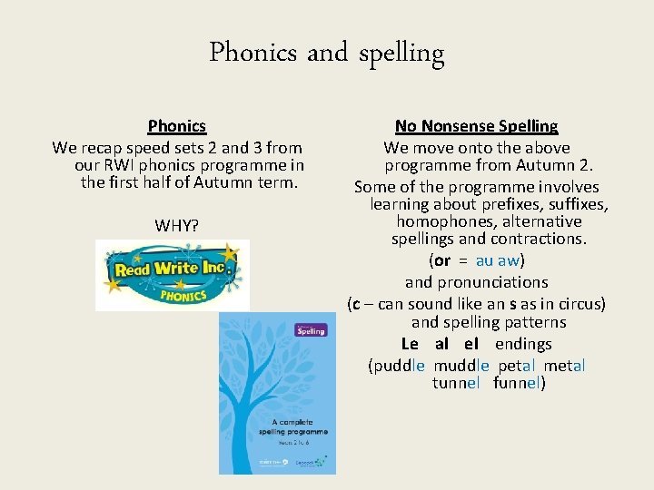 Phonics and spelling Phonics We recap speed sets 2 and 3 from our RWI