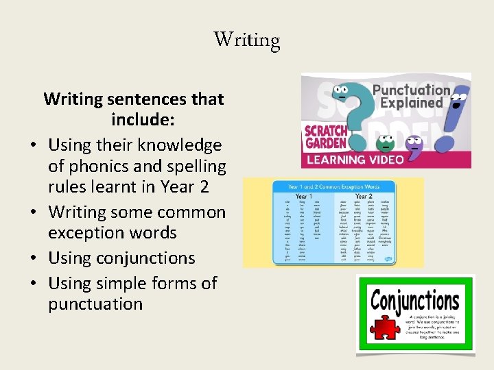 Writing • • Writing sentences that include: Using their knowledge of phonics and spelling