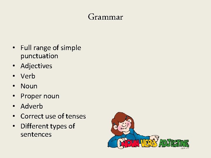 Grammar • Full range of simple punctuation • Adjectives • Verb • Noun •