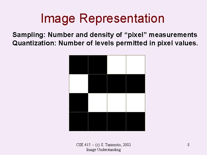 Image Representation Sampling: Number and density of “pixel” measurements Quantization: Number of levels permitted