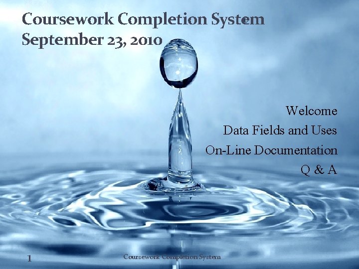 Coursework Completion System September 23, 2010 Welcome Data Fields and Uses On-Line Documentation Q&A