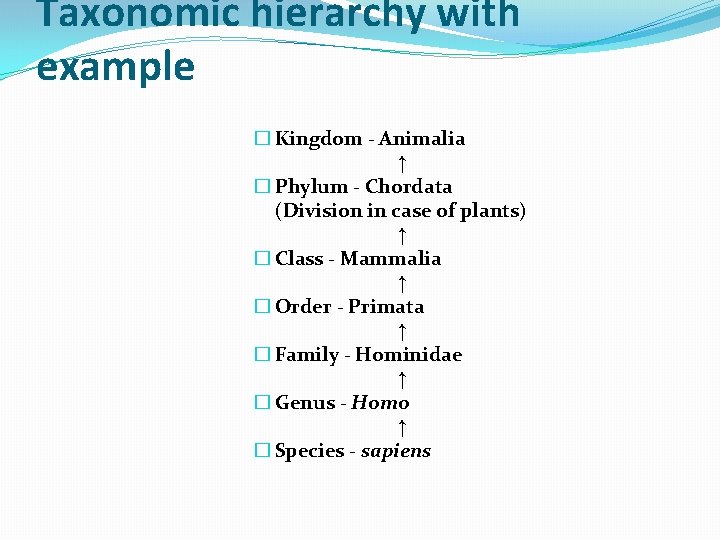 Taxonomic hierarchy with example � Kingdom - Animalia ↑ � Phylum - Chordata (Division