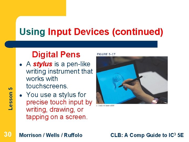 Using Input Devices (continued) Digital Pens Lesson 5 ● 30 ● A stylus is