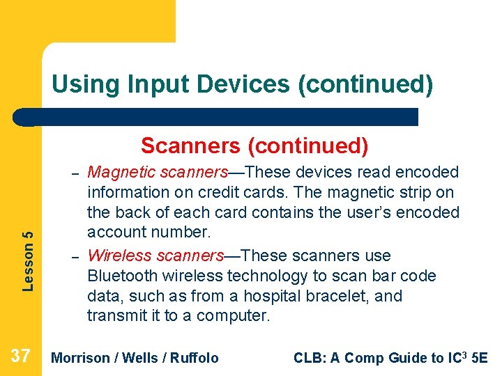 Using Input Devices (continued) Scanners (continued) Lesson 5 – 37 – Magnetic scanners—These devices