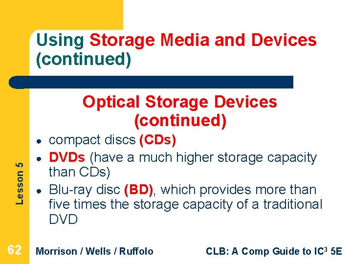 Using Storage Media and Devices (continued) Optical Storage Devices (continued) Lesson 5 ● 62
