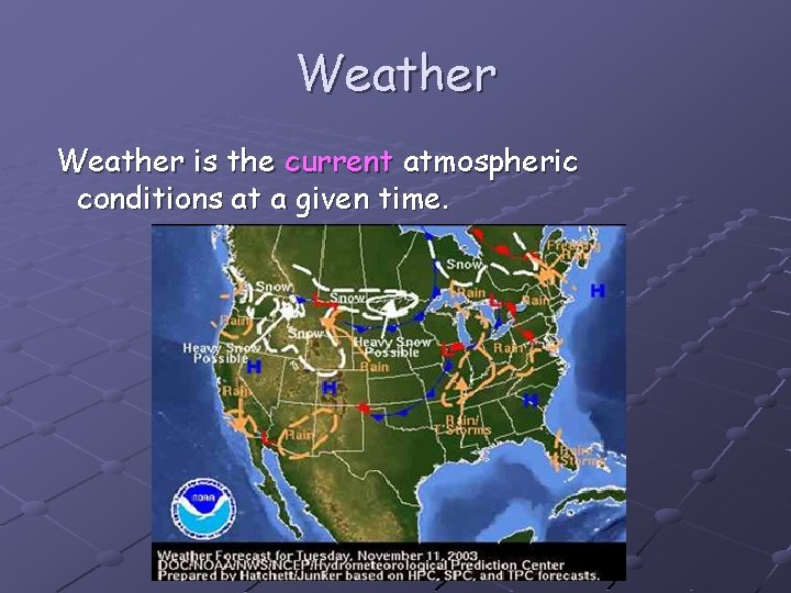 Weather is the current atmospheric conditions at a given time. 