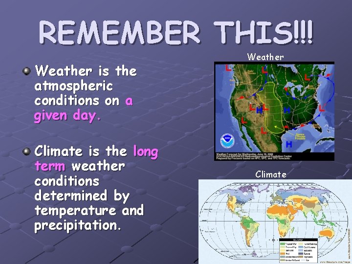 REMEMBER THIS!!! Weather is the atmospheric conditions on a given day. Climate is the