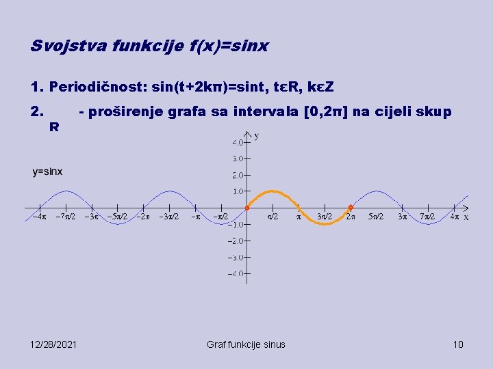 Svojstva funkcije f(x)=sinx 1. Periodičnost: sin(t+2 kπ)=sint, tεR, kεZ 2. R 12/28/2021 - proširenje