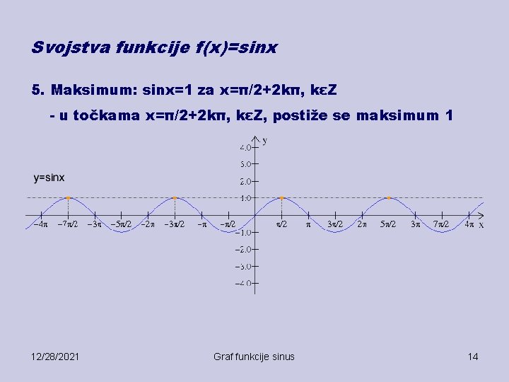 Svojstva funkcije f(x)=sinx 5. Maksimum: sinx=1 za x=π/2+2 kπ, kεZ - u točkama x=π/2+2