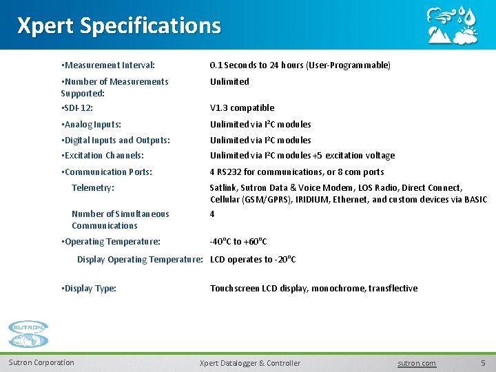 Xpert Specifications • Measurement Interval: 0. 1 Seconds to 24 hours (User-Programmable) • Number