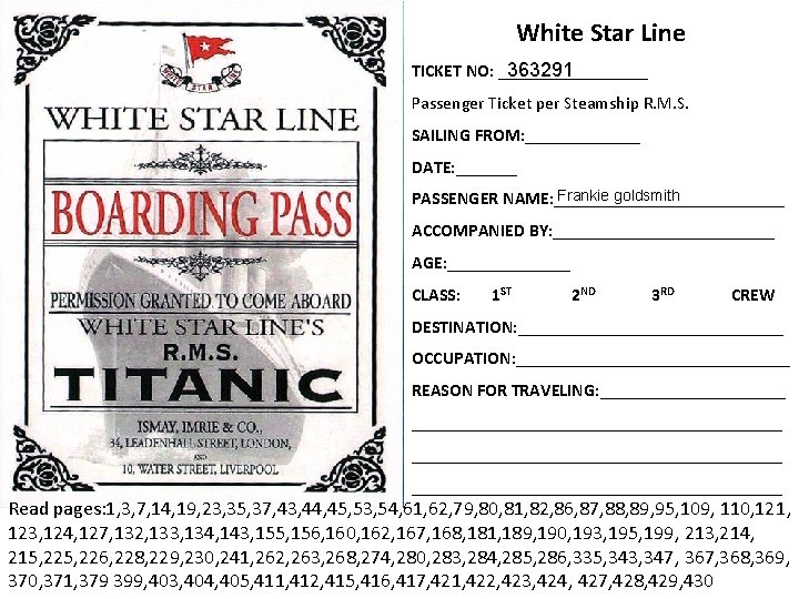 White Star Line 363291 TICKET NO: _________ Passenger Ticket per Steamship R. M. S.