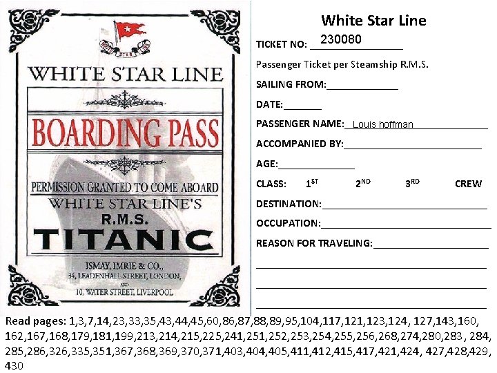 White Star Line 230080 TICKET NO: _________ Passenger Ticket per Steamship R. M. S.