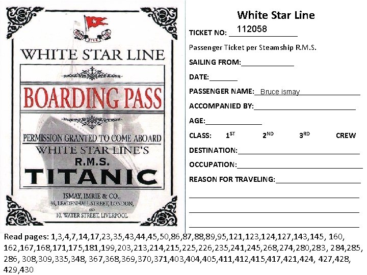 White Star Line 112058 TICKET NO: _________ Passenger Ticket per Steamship R. M. S.