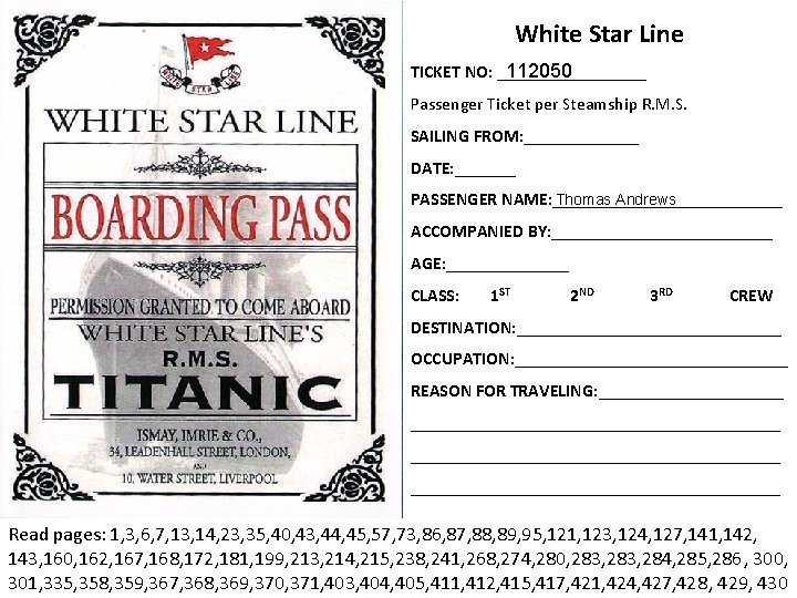 White Star Line 112050 TICKET NO: _________ Passenger Ticket per Steamship R. M. S.