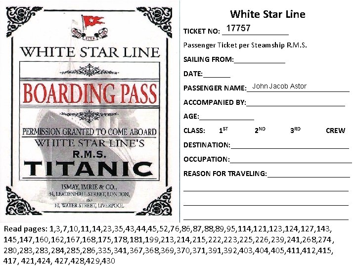 White Star Line 17757 TICKET NO: _________ Passenger Ticket per Steamship R. M. S.