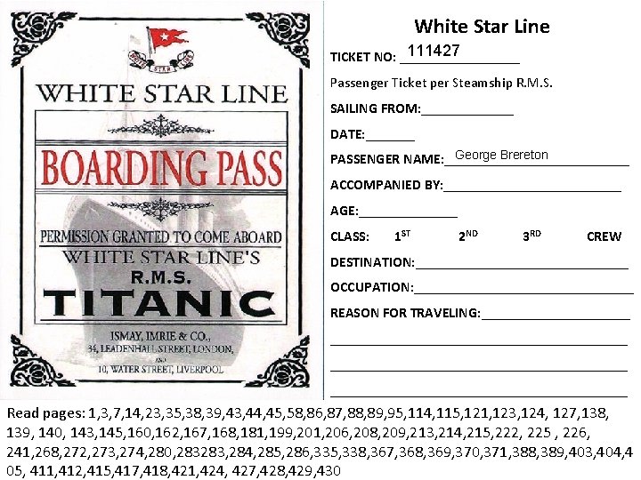 White Star Line 111427 TICKET NO: _________ Passenger Ticket per Steamship R. M. S.