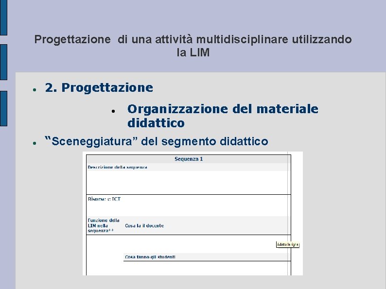 Progettazione di una attività multidisciplinare utilizzando la LIM 2. Progettazione Organizzazione del materiale didattico