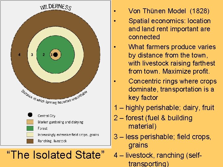  • • Von Thünen Model (1828) Spatial economics: location and land rent important