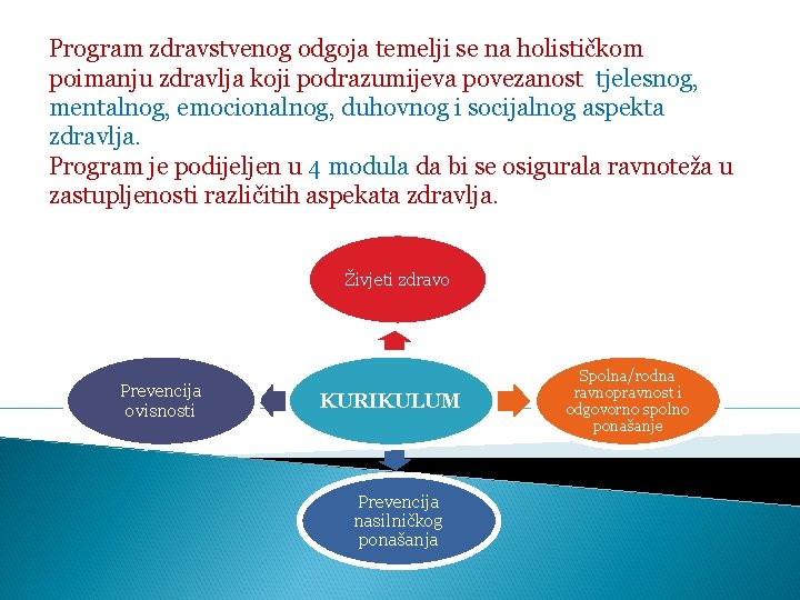 Program zdravstvenog odgoja temelji se na holističkom poimanju zdravlja koji podrazumijeva povezanost tjelesnog, mentalnog,