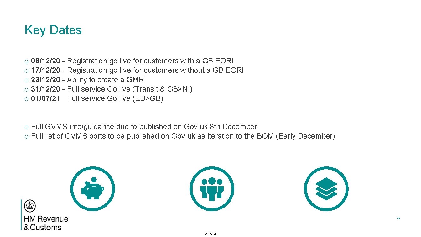 Key Dates o 08/12/20 - Registration go live for customers with a GB EORI