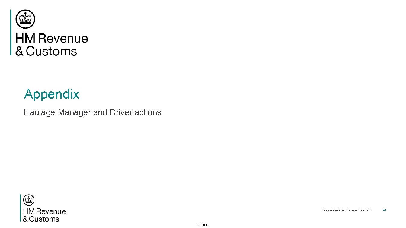 Appendix Haulage Manager and Driver actions | Security Marking | Presentation Title | OFFICIAL