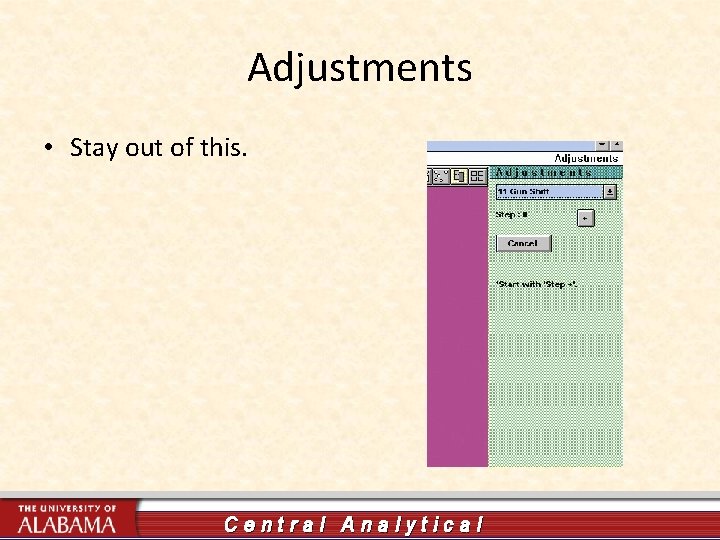 Adjustments • Stay out of this. Central Analytical 