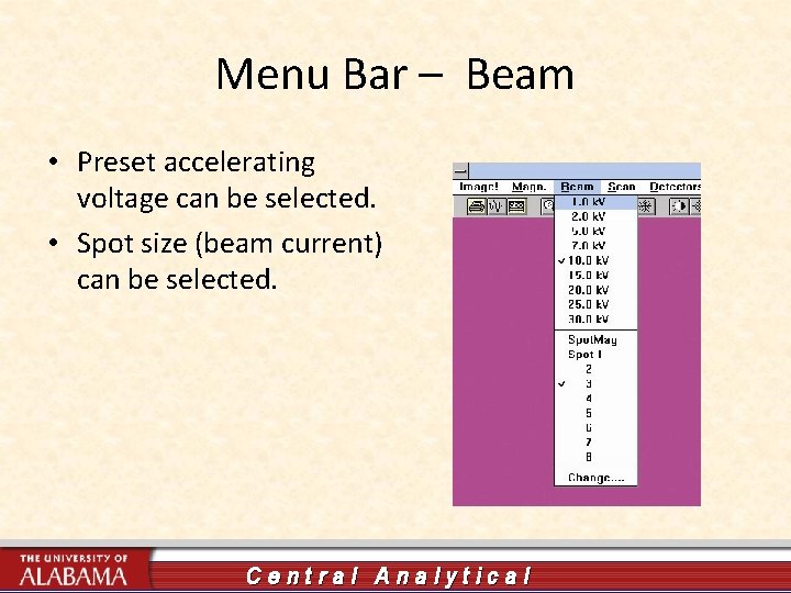 Menu Bar – Beam • Preset accelerating voltage can be selected. • Spot size