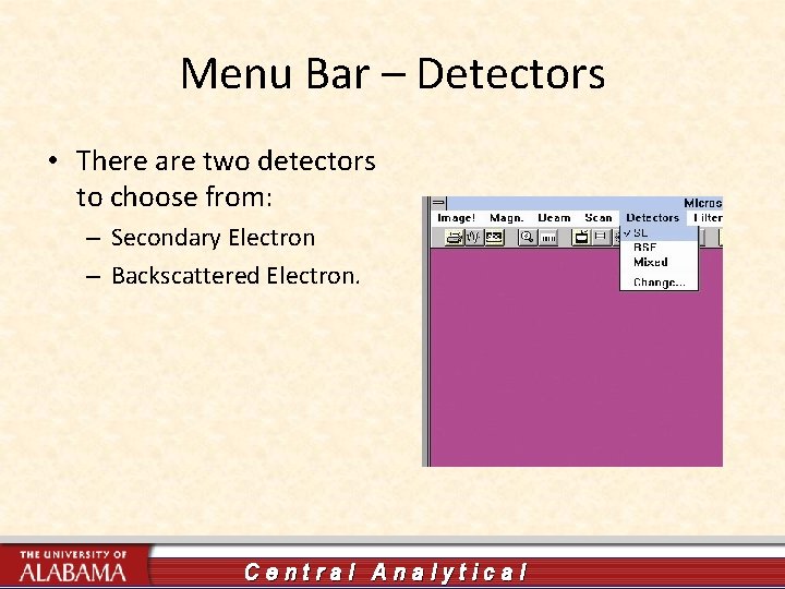 Menu Bar – Detectors • There are two detectors to choose from: – Secondary