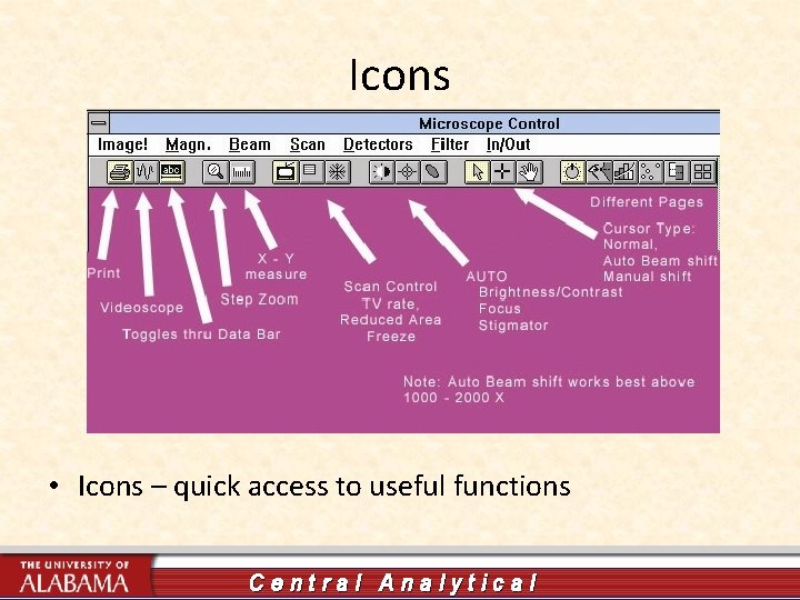 Icons • Icons – quick access to useful functions Central Analytical 