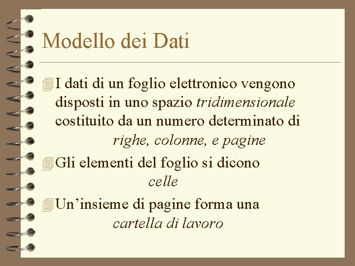 Modello dei Dati 4 I dati di un foglio elettronico vengono disposti in uno