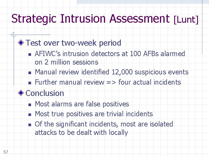 Strategic Intrusion Assessment [Lunt] Test over two-week period n n n AFIWC’s intrusion detectors